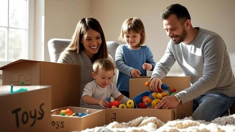 Happy family packing toys before a move.
